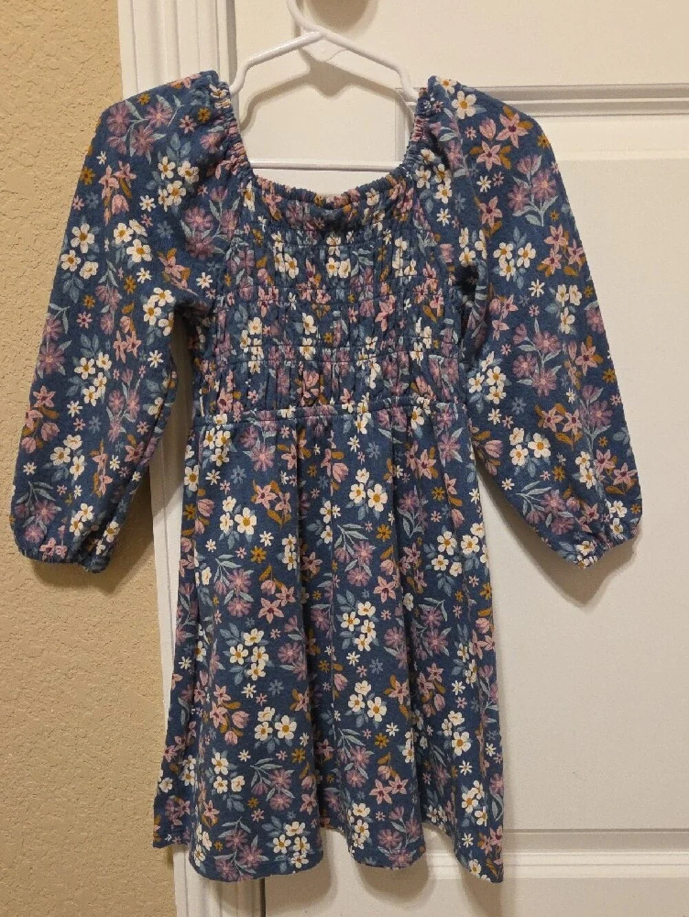Jumping Beans Navy Floral Smocked Long-Sleeve Dress with Pink & Cream Flowers
